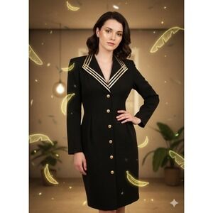 Vintage S.L. Fashions Black & Gold Nautical Sailor Dress Size‎ 14P Career Office